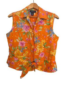 Womens Jones New York Signature Hawaiian Shirt Sleeveless Orange Cotton VTG LRG